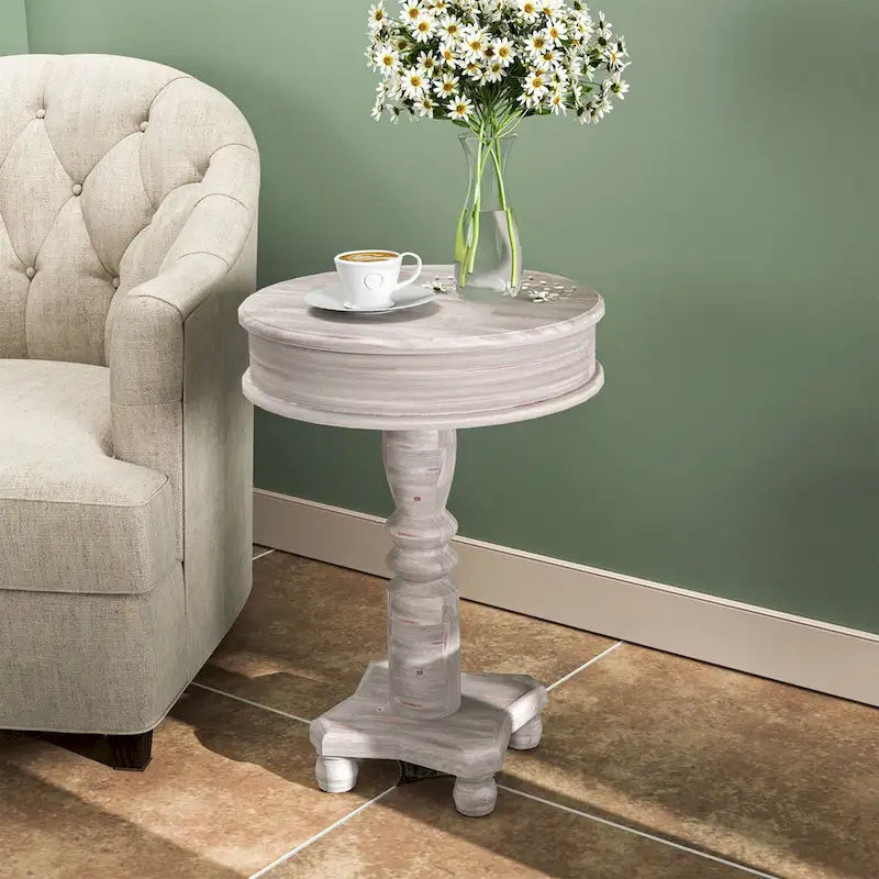 Rustic Whitewashed Round Pedestal Accent Side Table with Sculpted Base