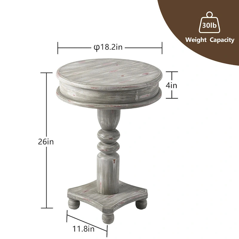 Rustic Whitewashed Round Pedestal Accent Side Table with Sculpted Base