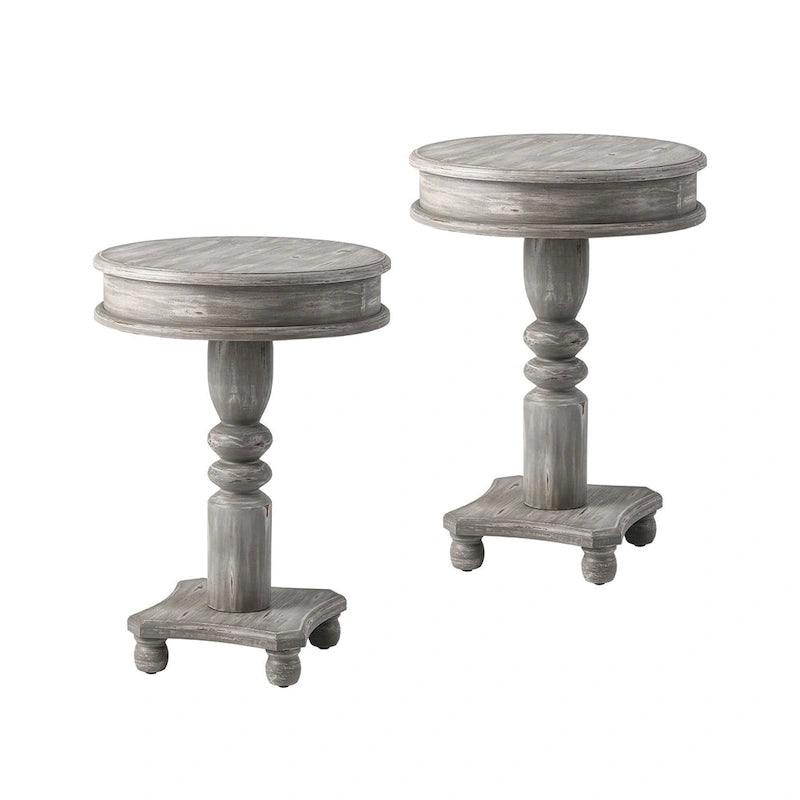 Rustic Whitewashed Round Pedestal Accent Side Table with Sculpted Base