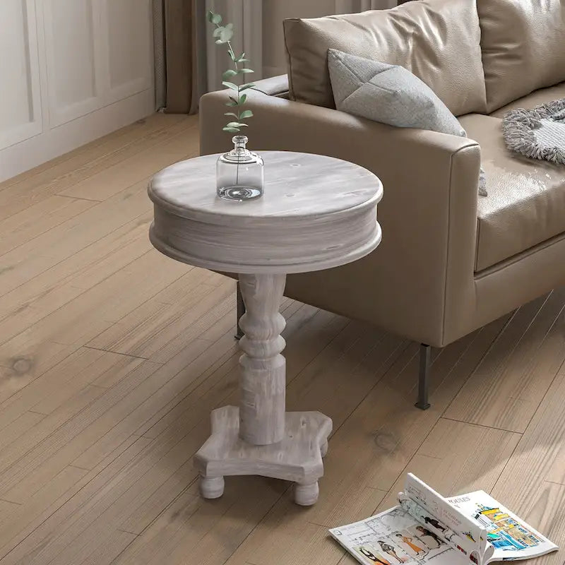 Rustic Whitewashed Round Pedestal Accent Side Table with Sculpted Base