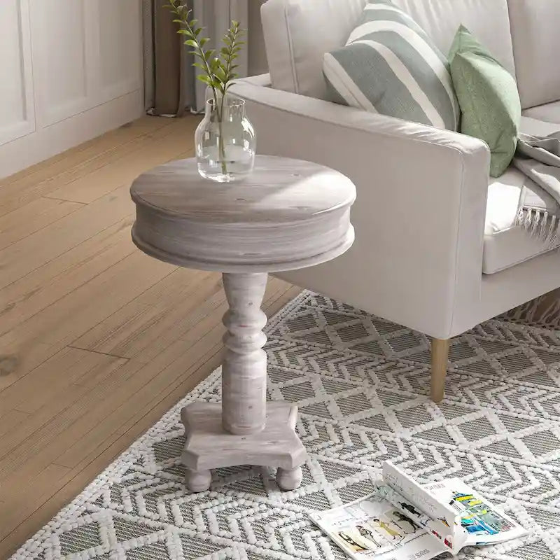 Rustic Whitewashed Round Pedestal Accent Side Table with Sculpted Base