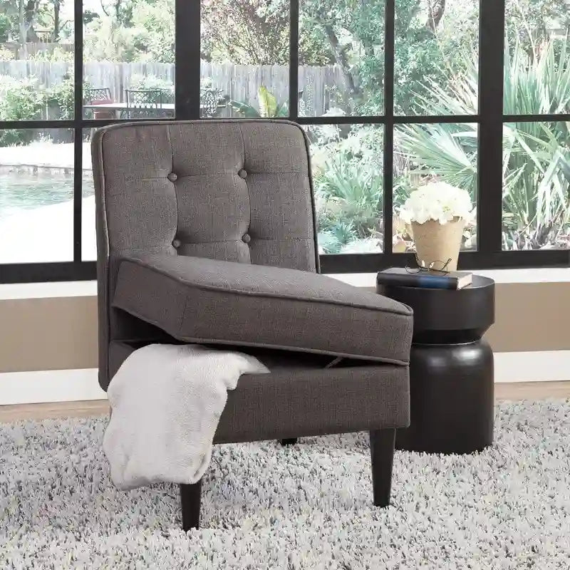 Armless Button Tufted Upholstered Storage Accent Chair with Wooden Legs