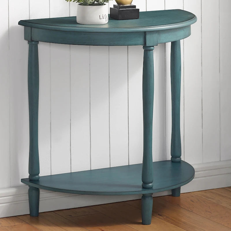 Antique Light Green Half-Moon Wood Console Table with Lower Shelf