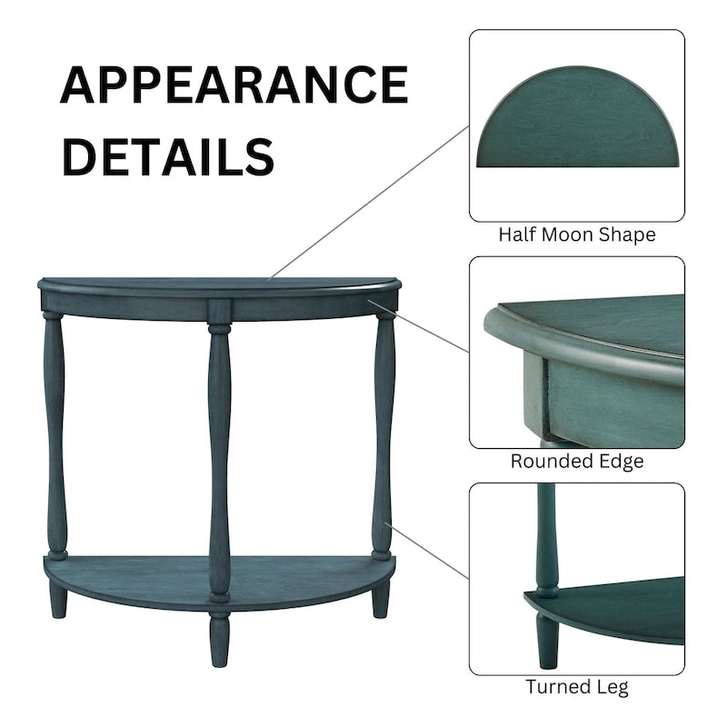 Antique Light Green Half-Moon Wood Console Table with Lower Shelf