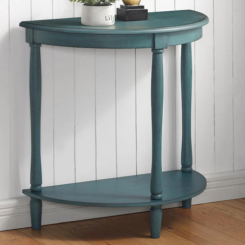Antique Light Green Half-Moon Wood Console Table with Lower Shelf