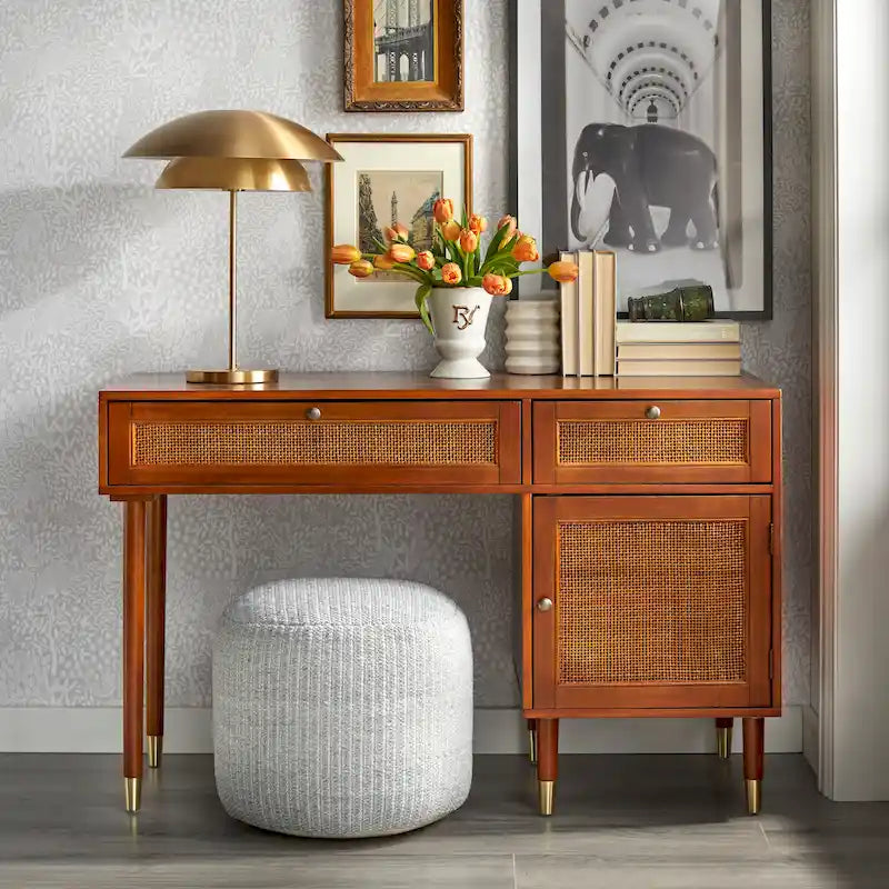 Walnut Cane Front Writing Desk with Drawers and Storage Cabinet