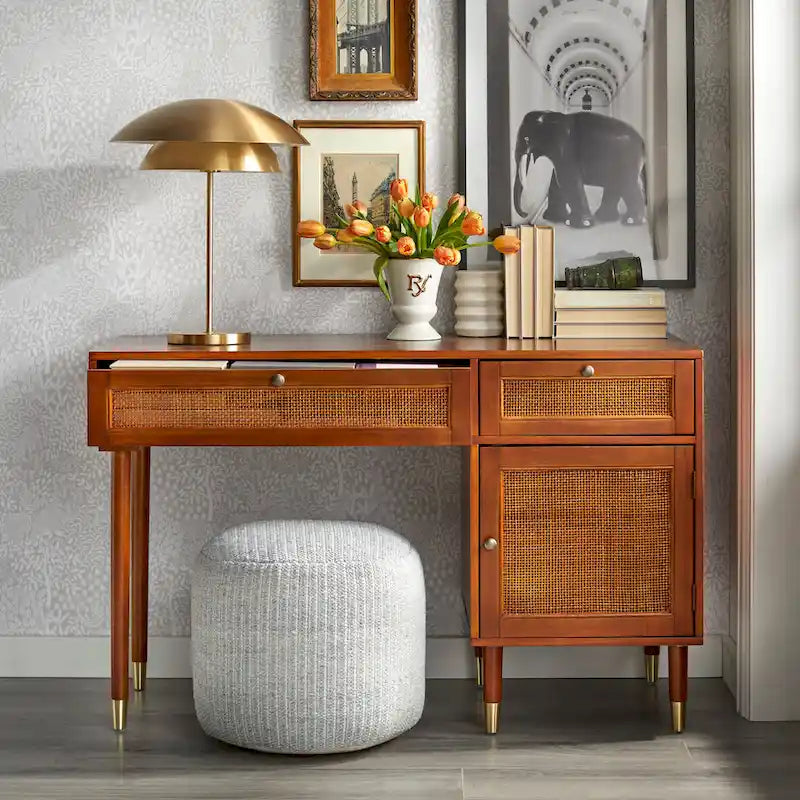 Walnut Cane Front Writing Desk with Drawers and Storage Cabinet