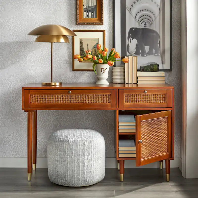 Walnut Cane Front Writing Desk with Drawers and Storage Cabinet