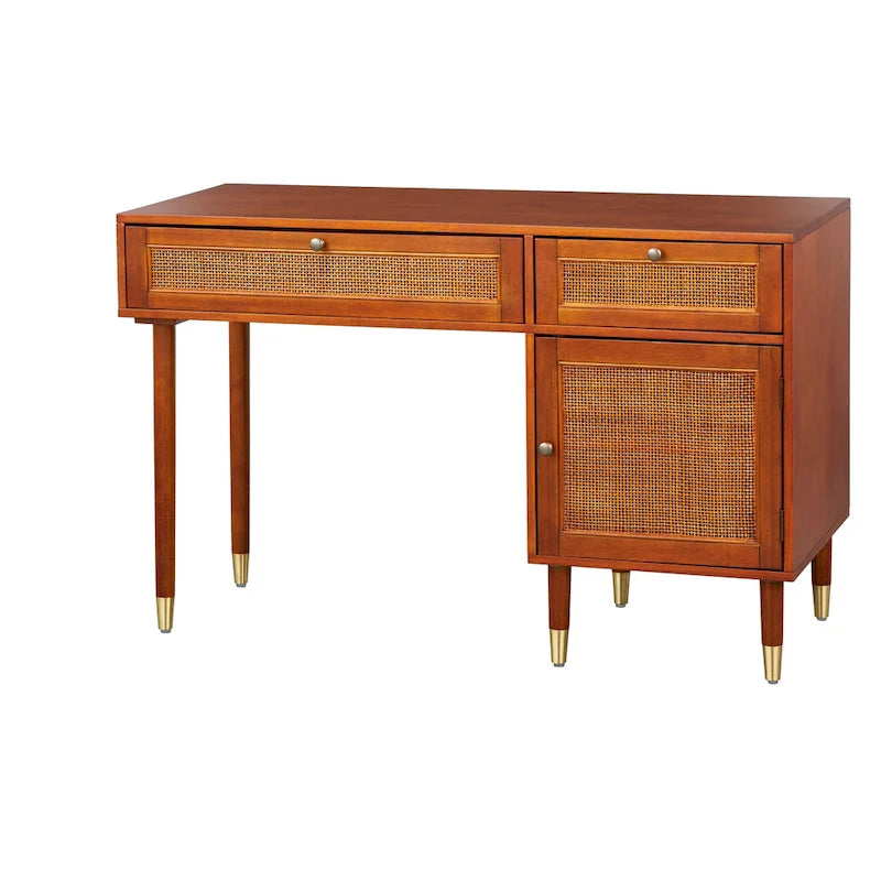 Walnut Cane Front Writing Desk with Drawers and Storage Cabinet