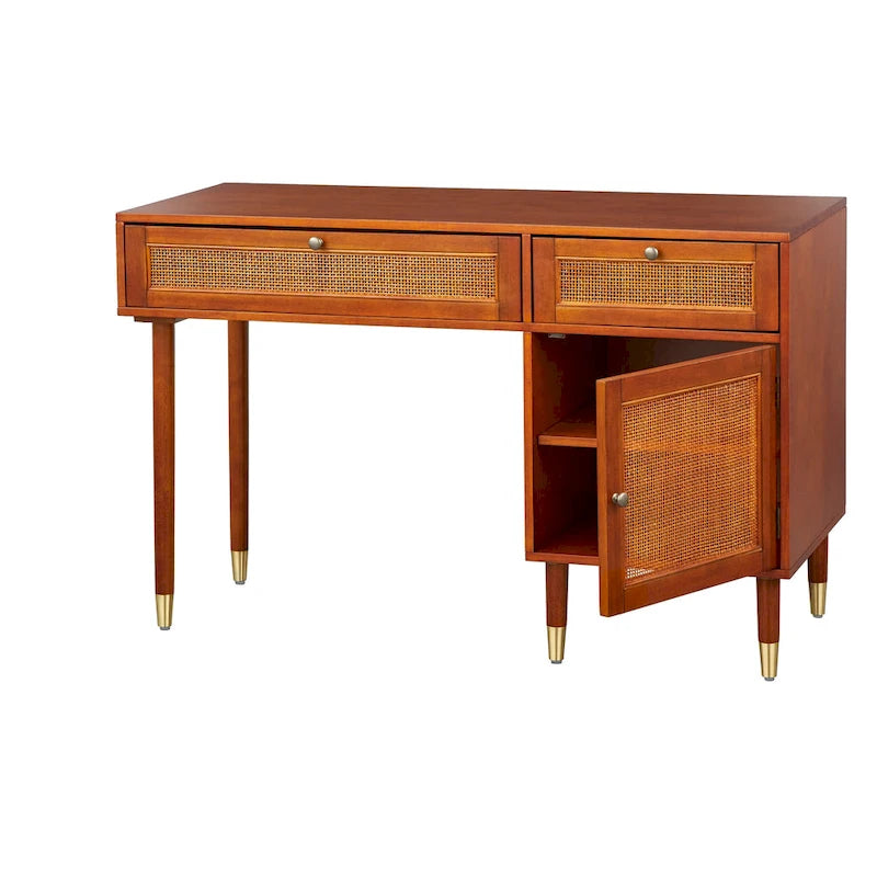 Walnut Cane Front Writing Desk with Drawers and Storage Cabinet