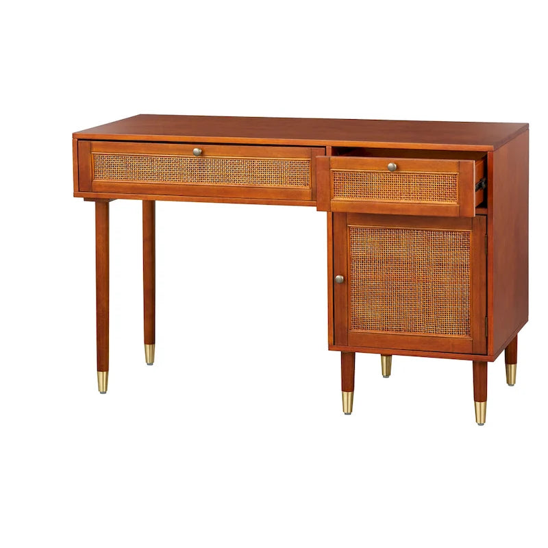 Walnut Cane Front Writing Desk with Drawers and Storage Cabinet
