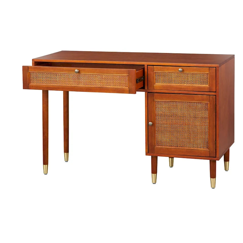 Walnut Cane Front Writing Desk with Drawers and Storage Cabinet