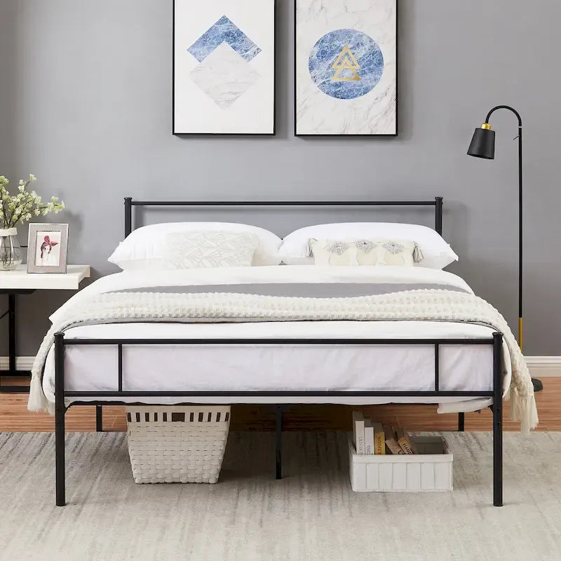 Modern Black Metal Bed Frame with Headboard Footboard and Storage