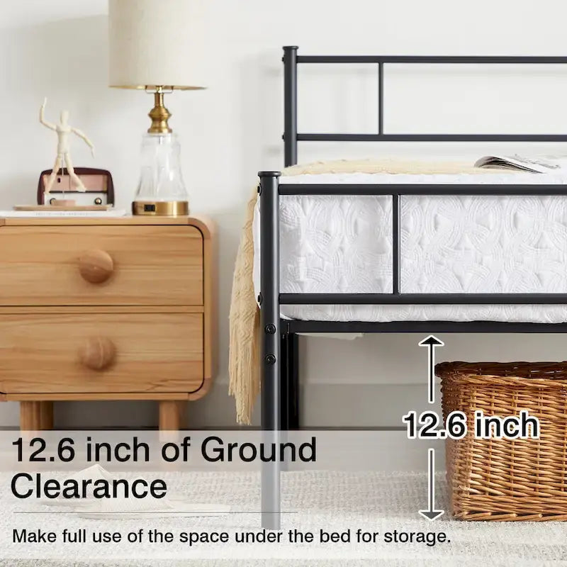 Modern Black Metal Bed Frame with Headboard Footboard and Storage