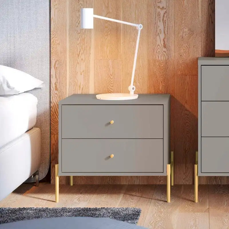 Modern Two Drawer Nightstand with Gold Steel Legs and Knobs