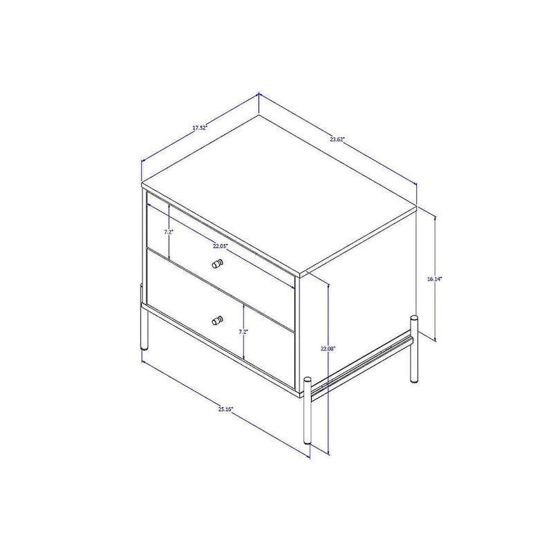Modern Two Drawer Nightstand with Gold Steel Legs and Knobs