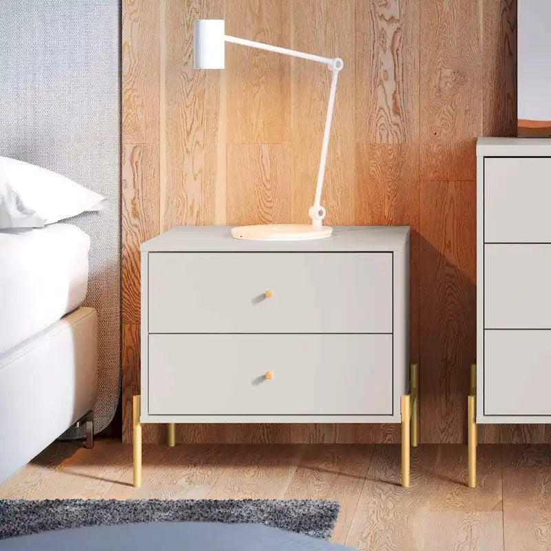 Modern Two Drawer Nightstand with Gold Steel Legs and Knobs