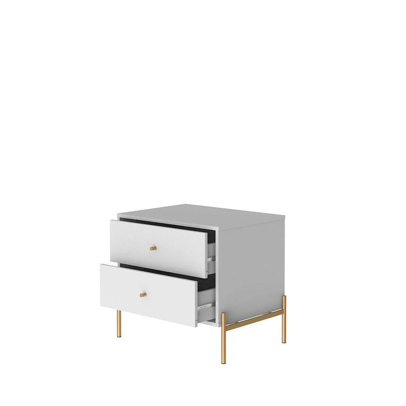 Modern Two Drawer Nightstand with Gold Steel Legs and Knobs