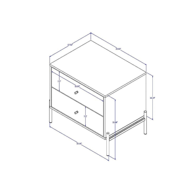Modern Two Drawer Nightstand with Gold Steel Legs and Knobs