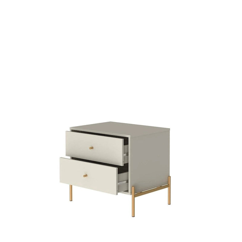 Modern Two Drawer Nightstand with Gold Steel Legs and Knobs