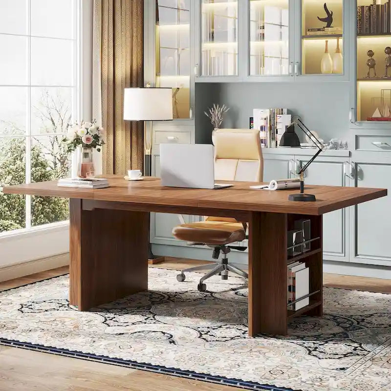 Walnut Brown Executive Computer Desk with Open Side Storage Shelves