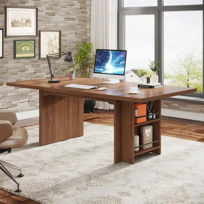 Walnut Brown Executive Computer Desk with Open Side Storage Shelves