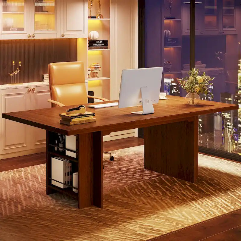 Walnut Brown Executive Computer Desk with Open Side Storage Shelves