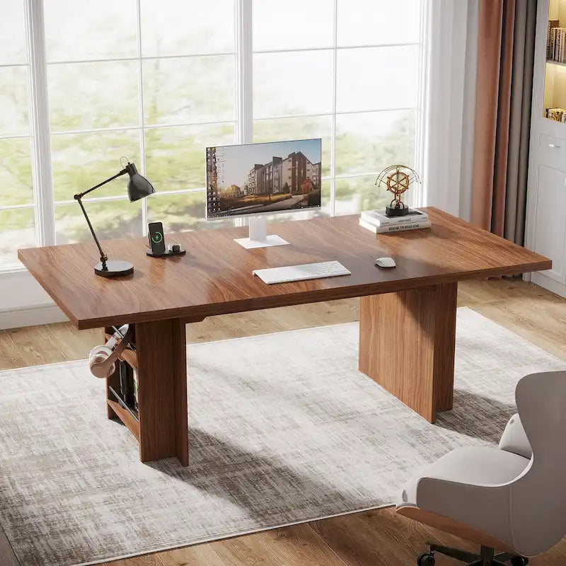 Walnut Brown Executive Computer Desk with Open Side Storage Shelves