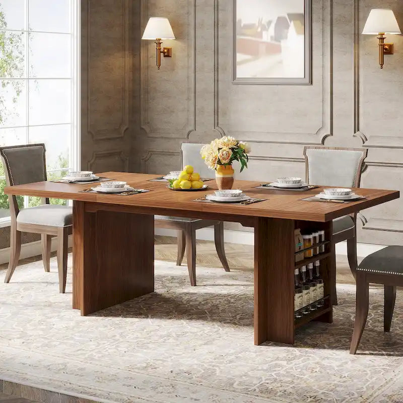 Walnut Brown Executive Computer Desk with Open Side Storage Shelves