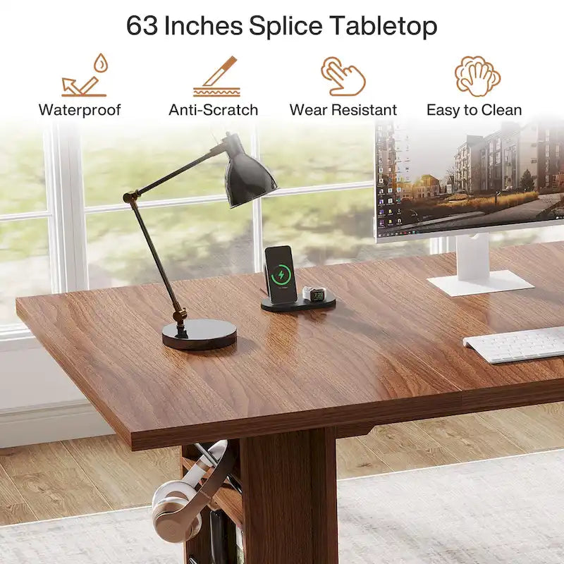 Walnut Brown Executive Computer Desk with Open Side Storage Shelves