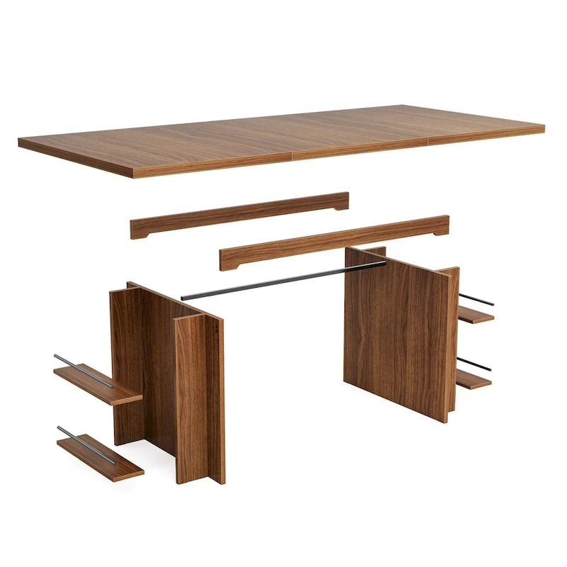 Walnut Brown Executive Computer Desk with Open Side Storage Shelves