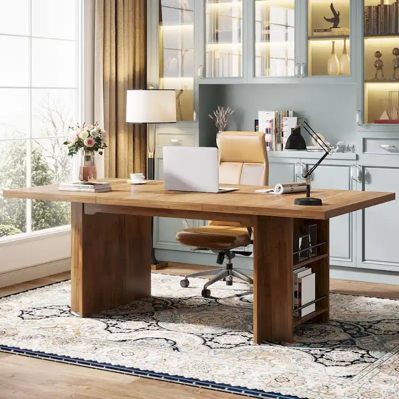 Walnut Brown Executive Computer Desk with Open Side Storage Shelves