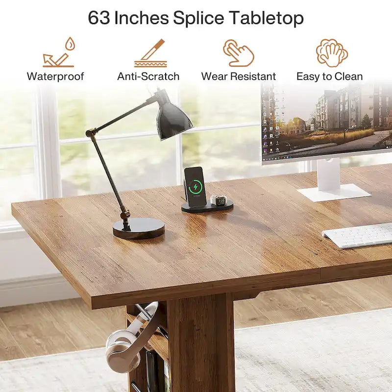 Walnut Brown Executive Computer Desk with Open Side Storage Shelves