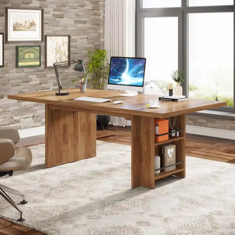 Walnut Brown Executive Computer Desk with Open Side Storage Shelves