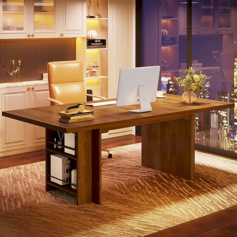 Walnut Brown Executive Computer Desk with Open Side Storage Shelves