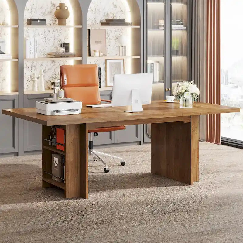 Walnut Brown Executive Computer Desk with Open Side Storage Shelves