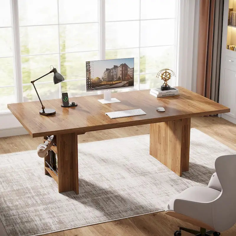 Walnut Brown Executive Computer Desk with Open Side Storage Shelves