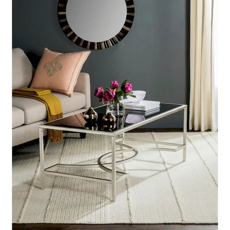 Rectangular Glass Top Coffee Table with Curved Decorative Iron Frame