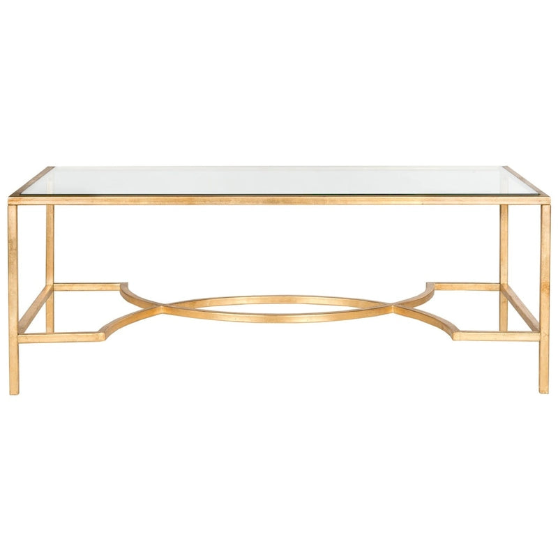 Rectangular Glass Top Coffee Table with Curved Decorative Iron Frame