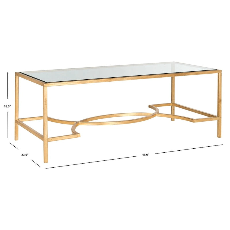 Rectangular Glass Top Coffee Table with Curved Decorative Iron Frame