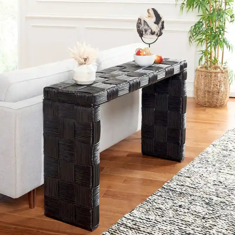 Woven Kubu Rattan Console Table with Textured Coastal Style Design