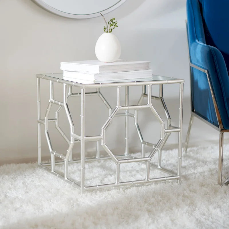 Silver Mirror Top Accent Table with Geometric Bamboo Style Frame