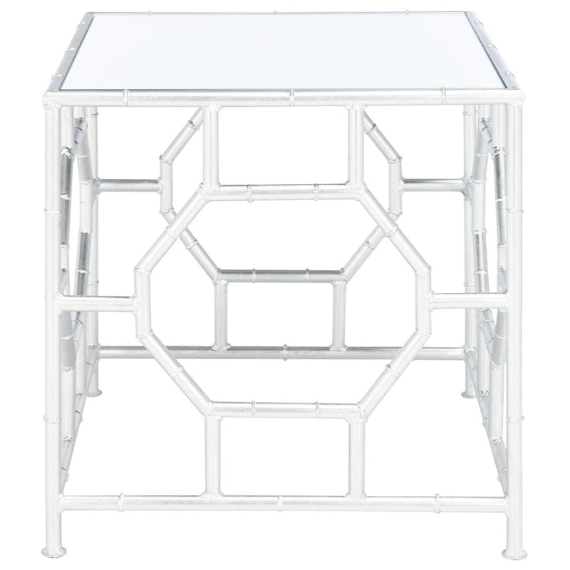Silver Mirror Top Accent Table with Geometric Bamboo Style Frame