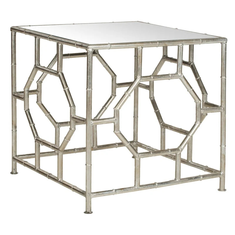Silver Mirror Top Accent Table with Geometric Bamboo Style Frame