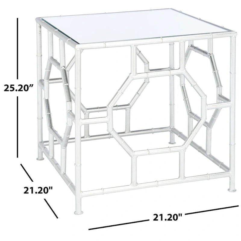Odkládací stolek se stříbrnou zrcadlovou deskou a geometrickou bambusovou konstrukcí