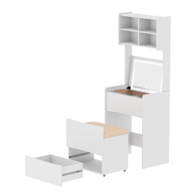Modern Makeup Vanity Table with LED Mirror and Glass Storage