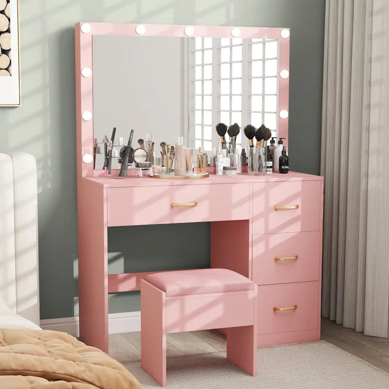 Modern Makeup Vanity Desk with Lighted Mirror and Four Drawers