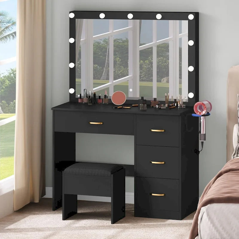 Modern Makeup Vanity Desk with Lighted Mirror and Four Drawers