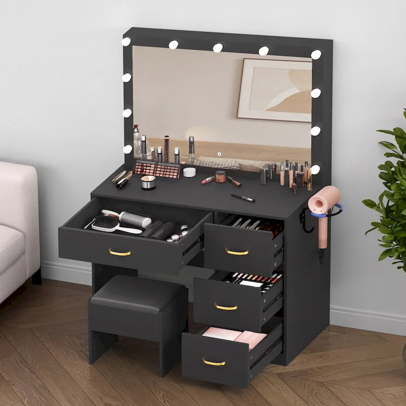 Modern Makeup Vanity Desk with Lighted Mirror and Four Drawers