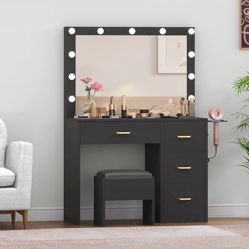 Modern Makeup Vanity Desk with Lighted Mirror and Four Drawers